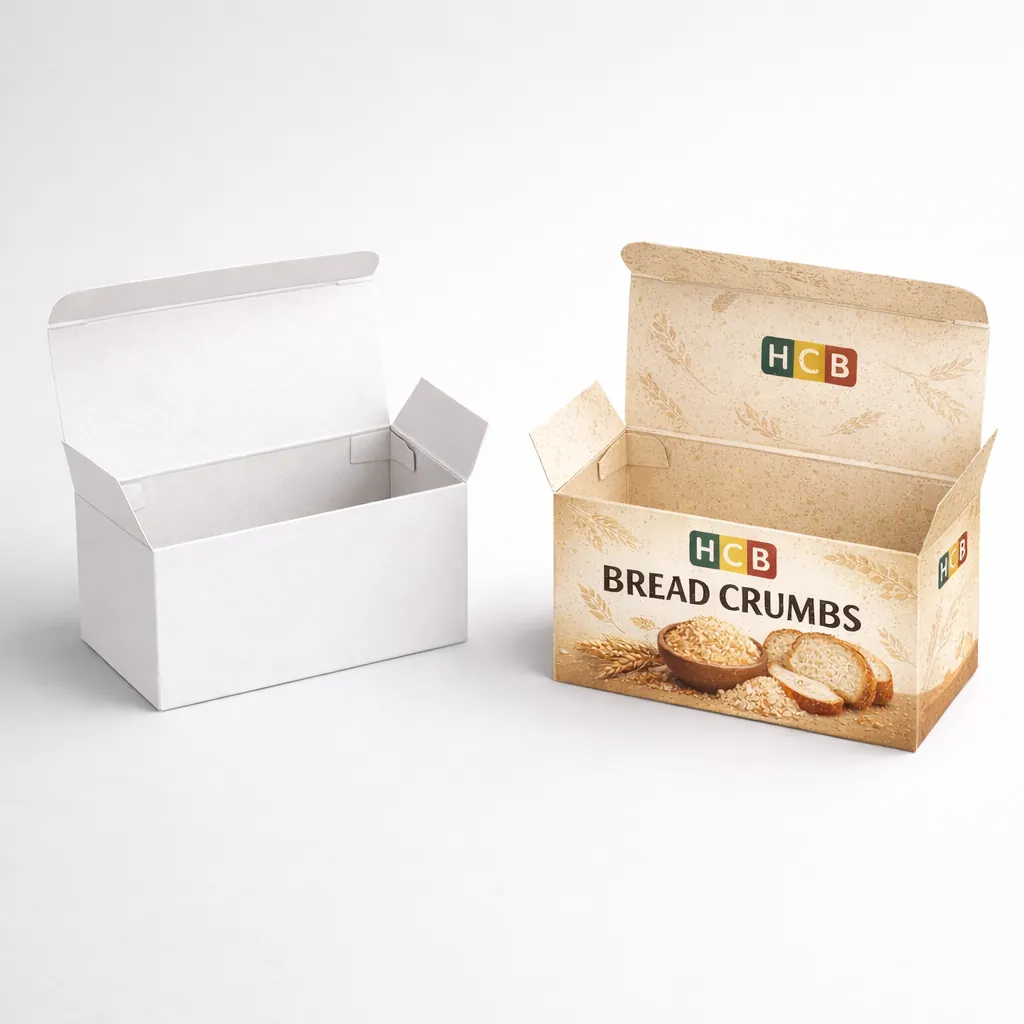 A side-by-side comparison of a plain white tuck-top box and a custom-printed box with rustic graphics.